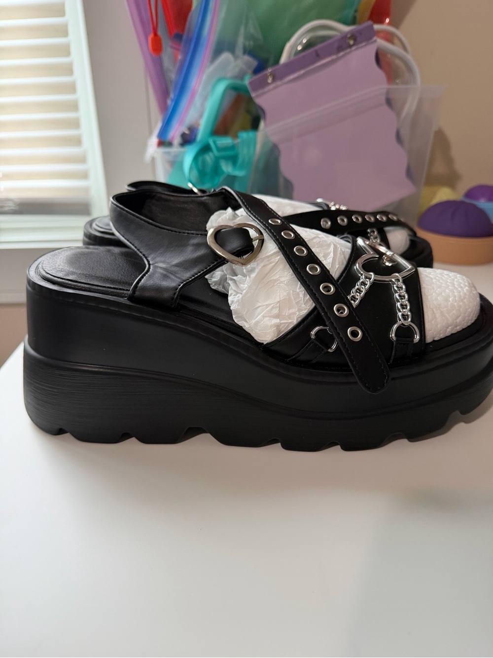SHEIN Black Platform Sandals with Chain & Buckle Accents